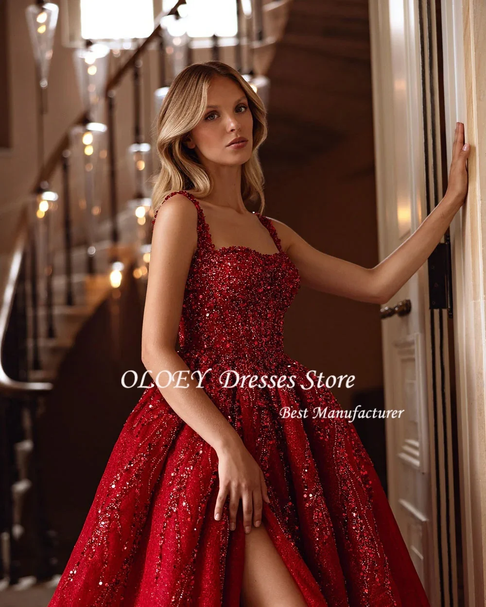 فساتين OLOEY للحفلات الراقصة للمناسبات الخاصة مصنوعة يدويًا من الخرز فساتين سهرة نسائية فاخرة زعيم مربع لامع حسب الطلب