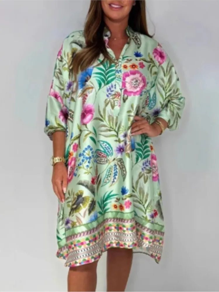 Print Long Dresses For Women Midi Dress Woman Puff Sleeve Summer Dresses 2025 Holiday Robe Boho Female Casual Loose Beach Dress