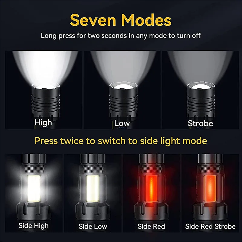 Super Bright Rechargeable Flashlight Adjustable Powerful Flash Light with 7 Modes & COB Light, Waterproof Handheld Flashlight