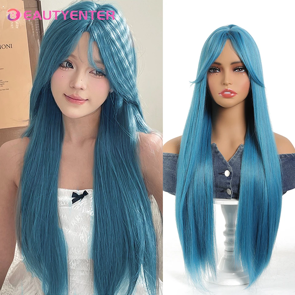 

Synthetic Wig Female blueStraight Hair Full Top Wig New Eight Character Bangs Fluffy Age-reducing Wig Sweet Cool Spicy Girl