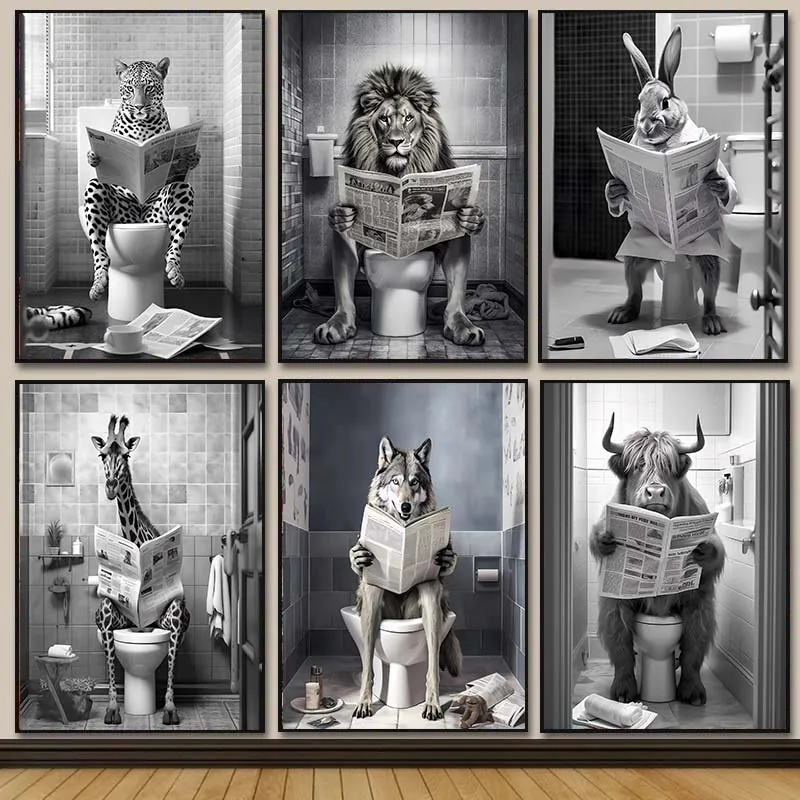 

Black and White Lion Cow Sitting on Toilet Reading Newspaper Poster Modern Bathroom Wall Art Picture Canvas Print Home Decor
