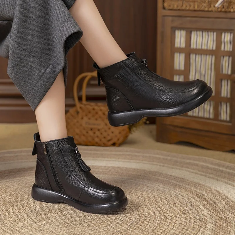 DRKANOL Women Snow Boots Winter Warm Natural Wool Side Zipper Genuine Leather Flat Heel Ankle Boots Women Shearling Fur Shoes