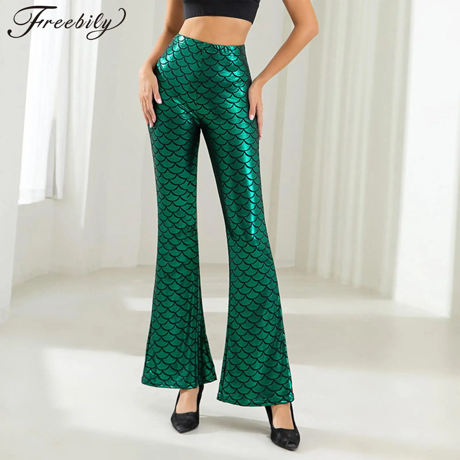 Womens Fashion Mermaid Leggings Pants Halloween Cosplay Costume Fish Scale Flared Pants High Waist Shiny Metallic Bell Bottoms