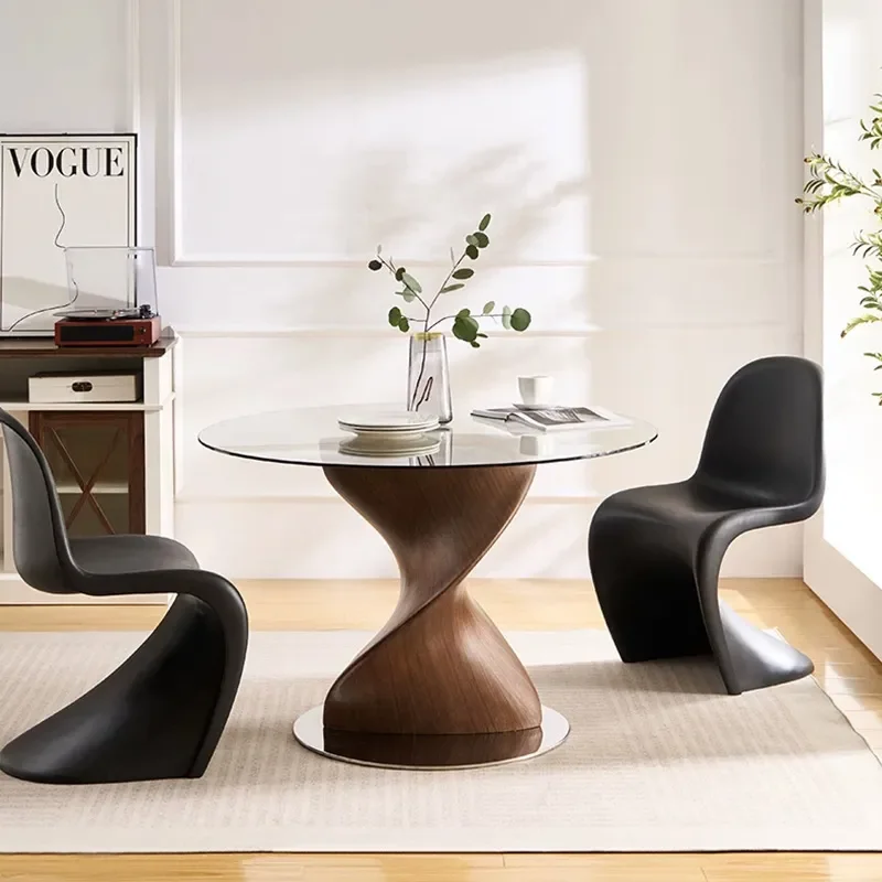 Italian Minimalist Rock Slab Dining Table Artistic Spiral Round Antique Walnut Pattern Special Shaped Glass Negotiation Table