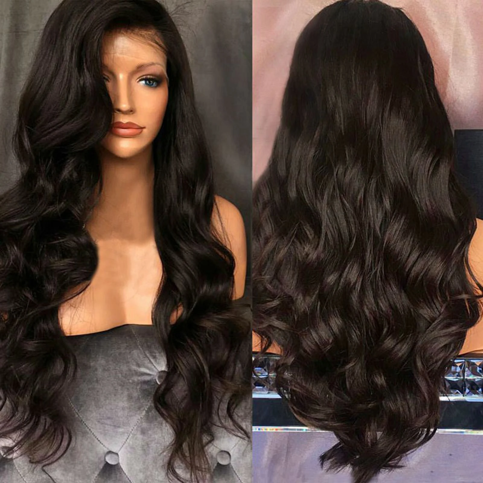 Lace Black Wavy Wig 26 Inch Front Synthetic Fiber High Temperature Silk Wig Middle Part Curls Naturally For Women Everyday