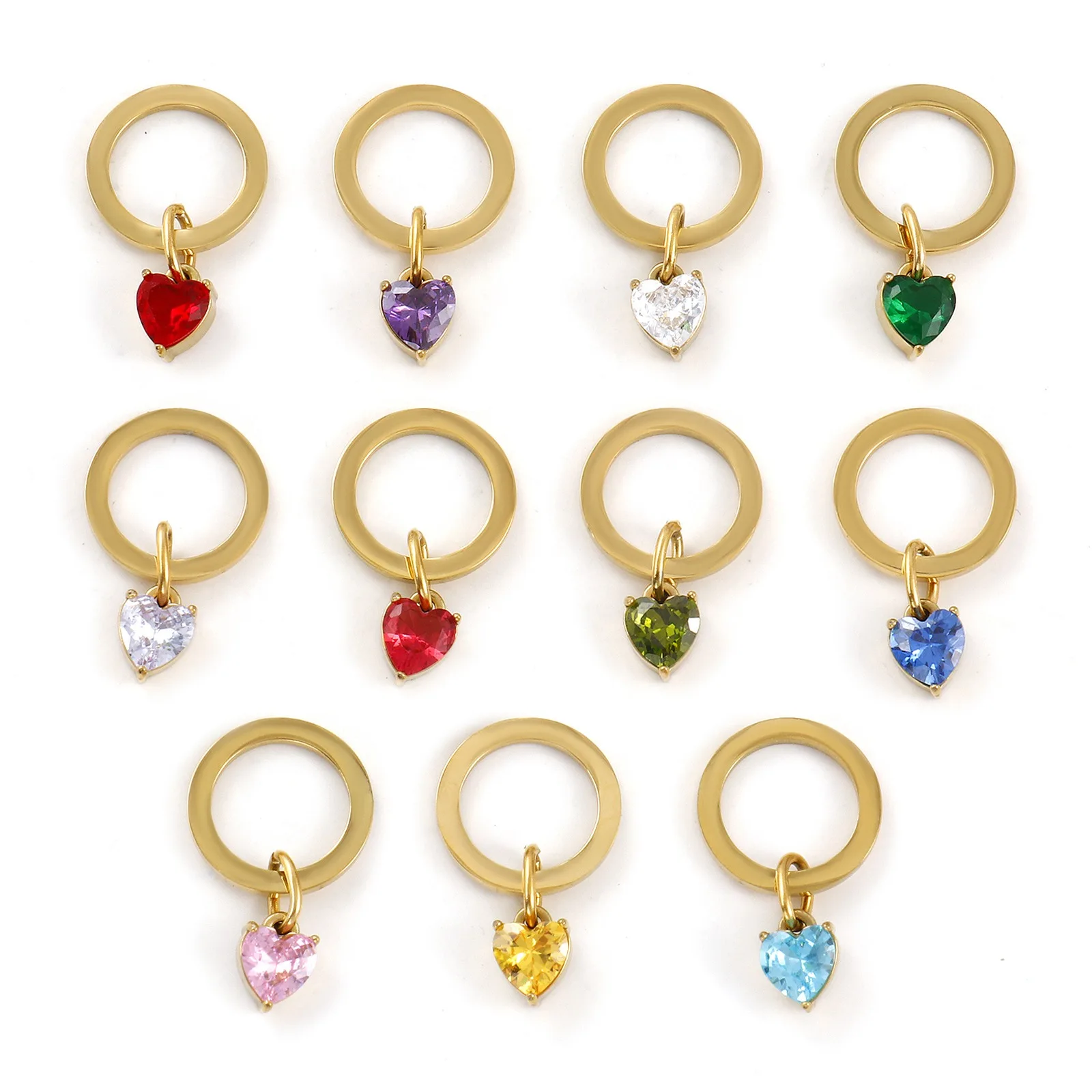 1PC 304 Stainless Steel Multicolour Cubic Zirconia Circle Heart Pendant Charms Ring Heart For DIY Keychains Neckalce 25mm x 15mm