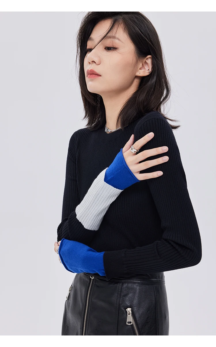 Spring and Autumn New Women's Knitted Sweater, Black Pullover Long Sleeved Base Sweater with Contrasting Color Splicing