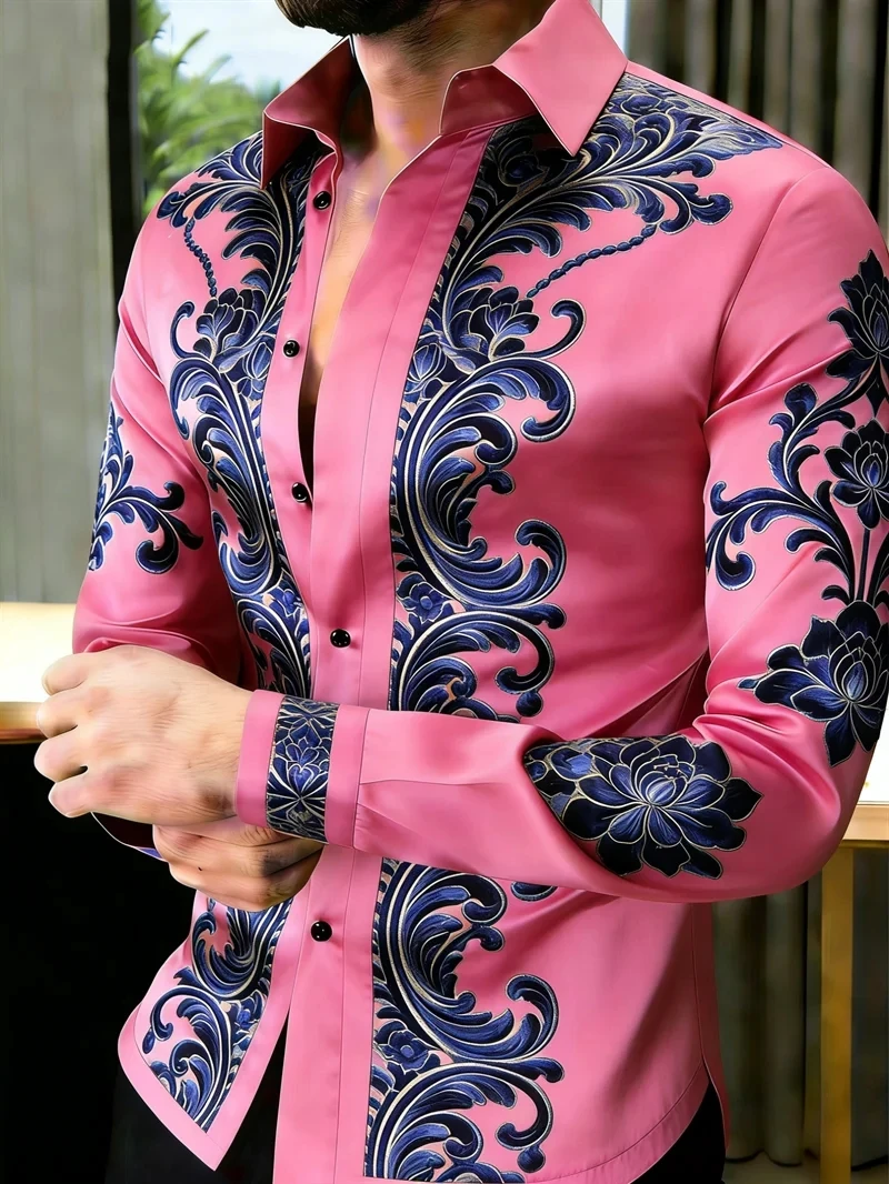 

2026 new men's pink button up shirt, blue Baroque floral print, long sleeved casual business dress shirt