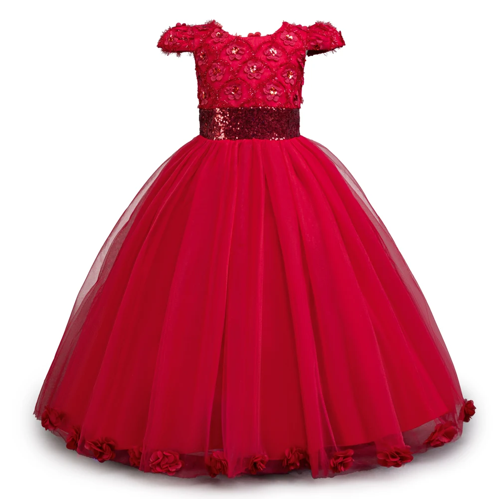 

Red Formal Satin Flower Girl Dress with O-Neck Collar and Sequined Tulle Ball Gown for Ages 3-12 Summer Floral Pattern
