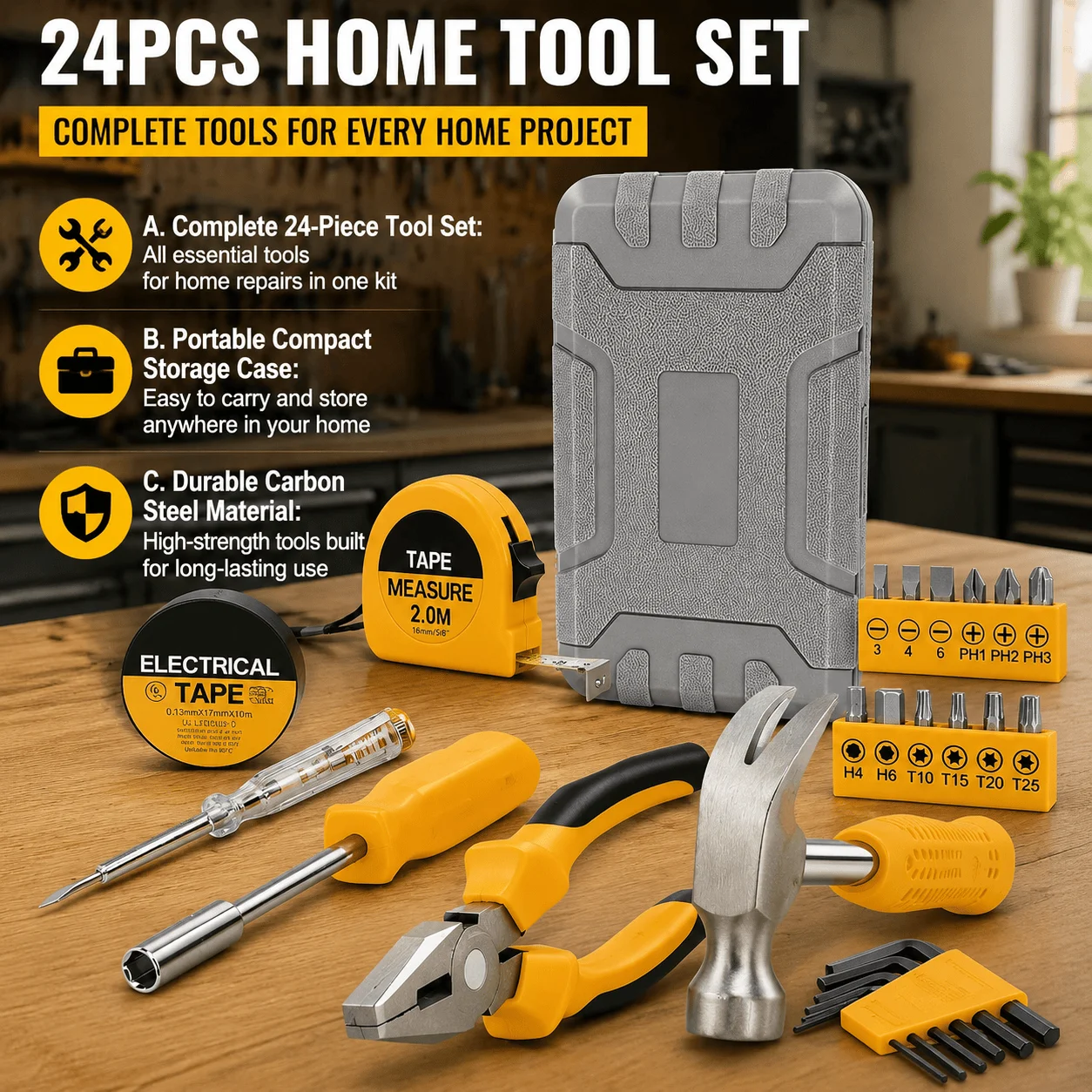 24 Piece Home Tool Set Portable Toolbox Carbon Steel Household Hand Tools Diy Repair Kit Compact Storage Box Beginner Apartment