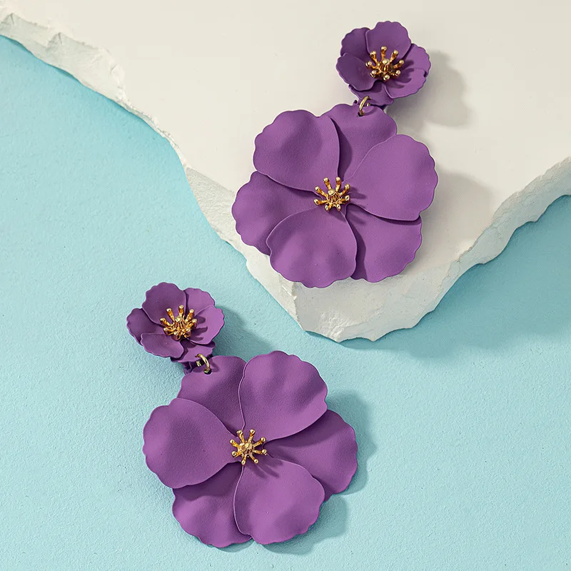 New Forest Style Long Style Temperament Purple Flower Spray Painted Multi-layer Creative Ear Clip Earrings