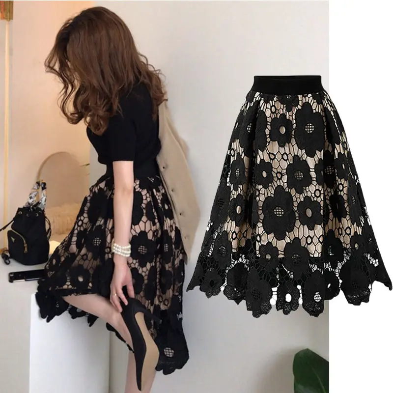 Spring Korean Lace Hollow Out High Waist A-line Skirt Women\'s Temperament Irregular Elastic Waist Mid Length Skirt Plus Size