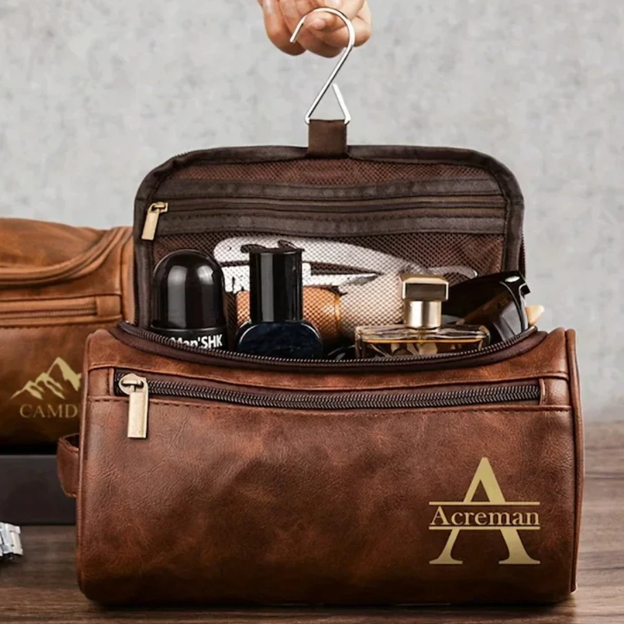 Engraved Name Men’s Waterproof Bag Personalized Name Durable PU Leather  Multi-Use Ideal for Shaving Travel Business Make-Up Bag