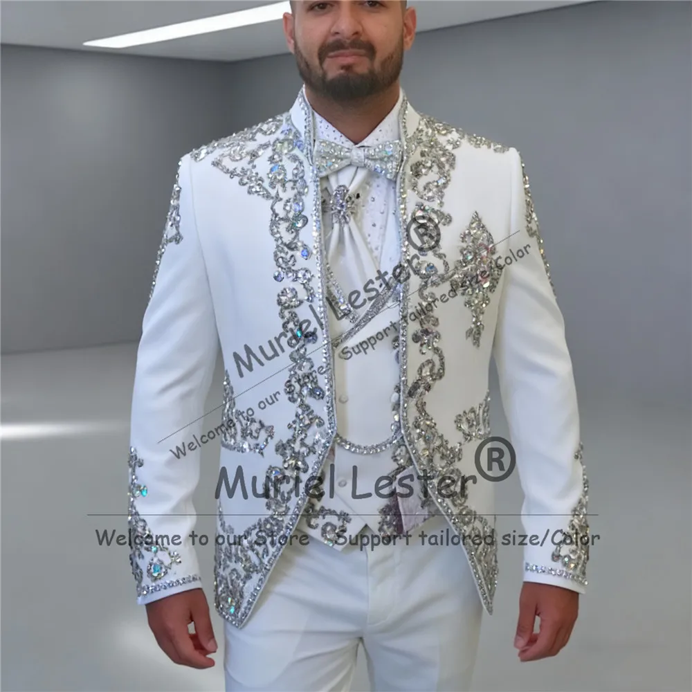 

Мужские костюмы ручной работы с серебряными бриллиантами и камнями на свадьбу, итальянский дизайн, комплекты из 3 предметов, мужские банкетные смокинги, наряды, пиджаки из бисера