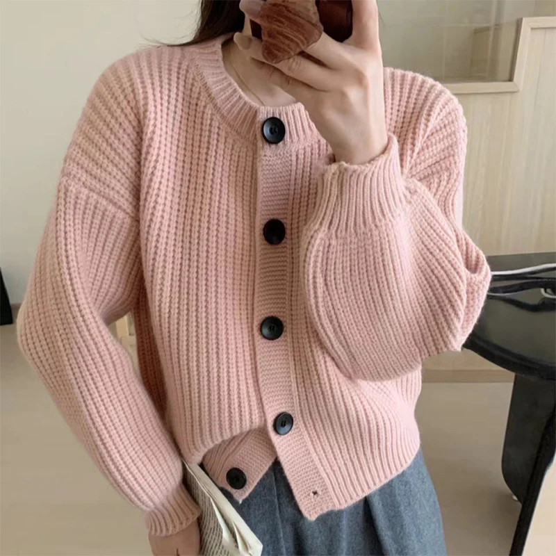 Basic Coarse Yarn Knitted Cardigan Women Simple Solid Color Thicken O-Neck Sweater Coat Autumn Pit Stripe Retro Versatile Coat