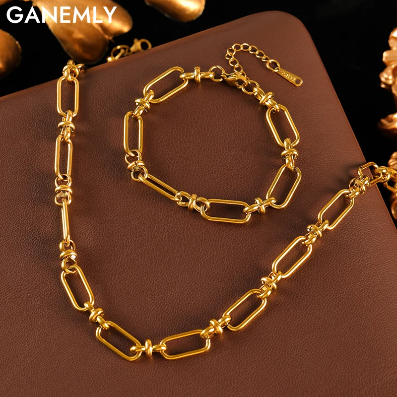 

GANEMLY 316L Stainless Steel Waterproof Fashion Metal Geometric Necklace Bracelet Set Statement Stylish Jewelry Bijoux for Women