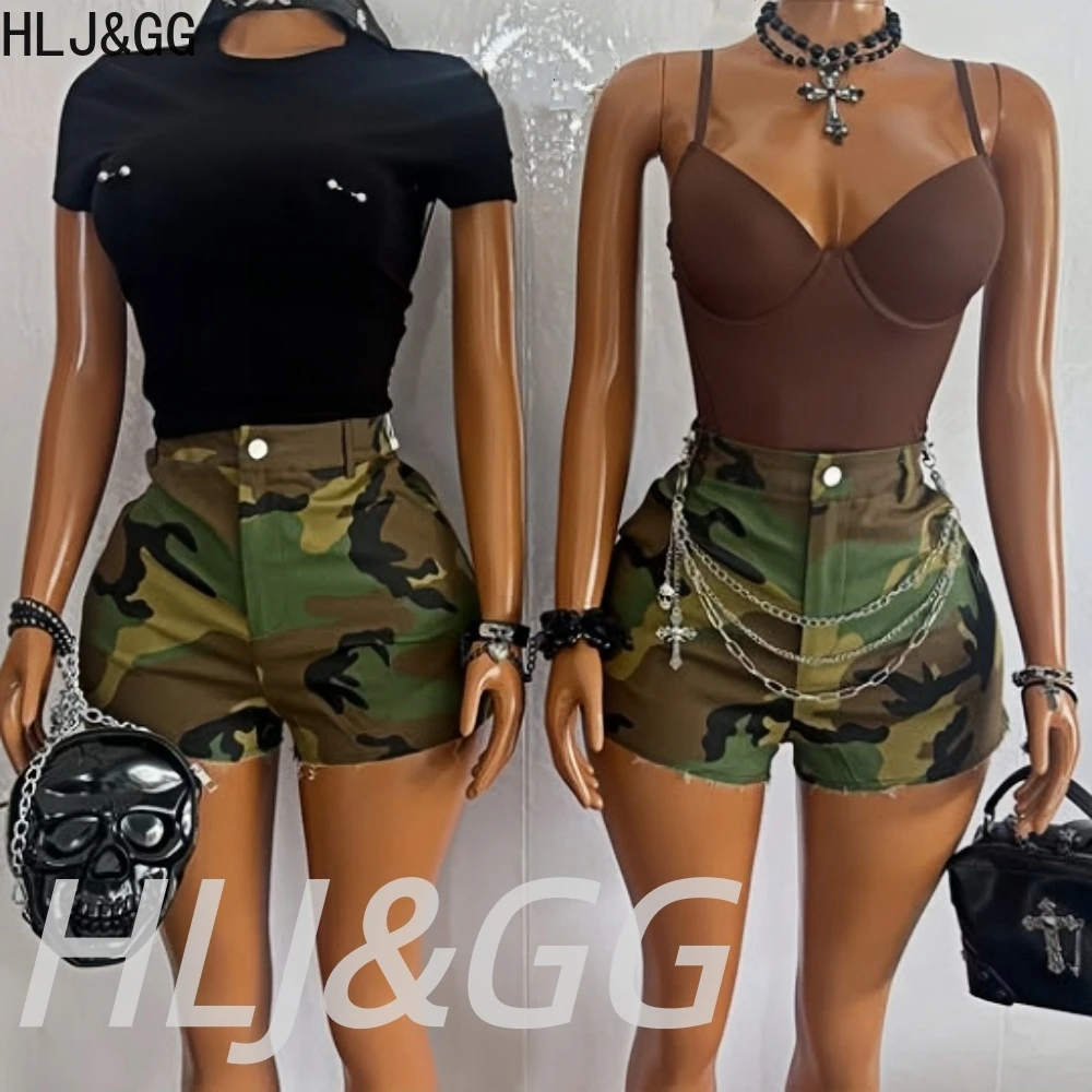 

HLJ & GG сексуальные облегающие однотонные боди из двух предметов, женский топ с круглым вырезом и длинными рукавами и камуфляжные шорты, модная уличная одежда