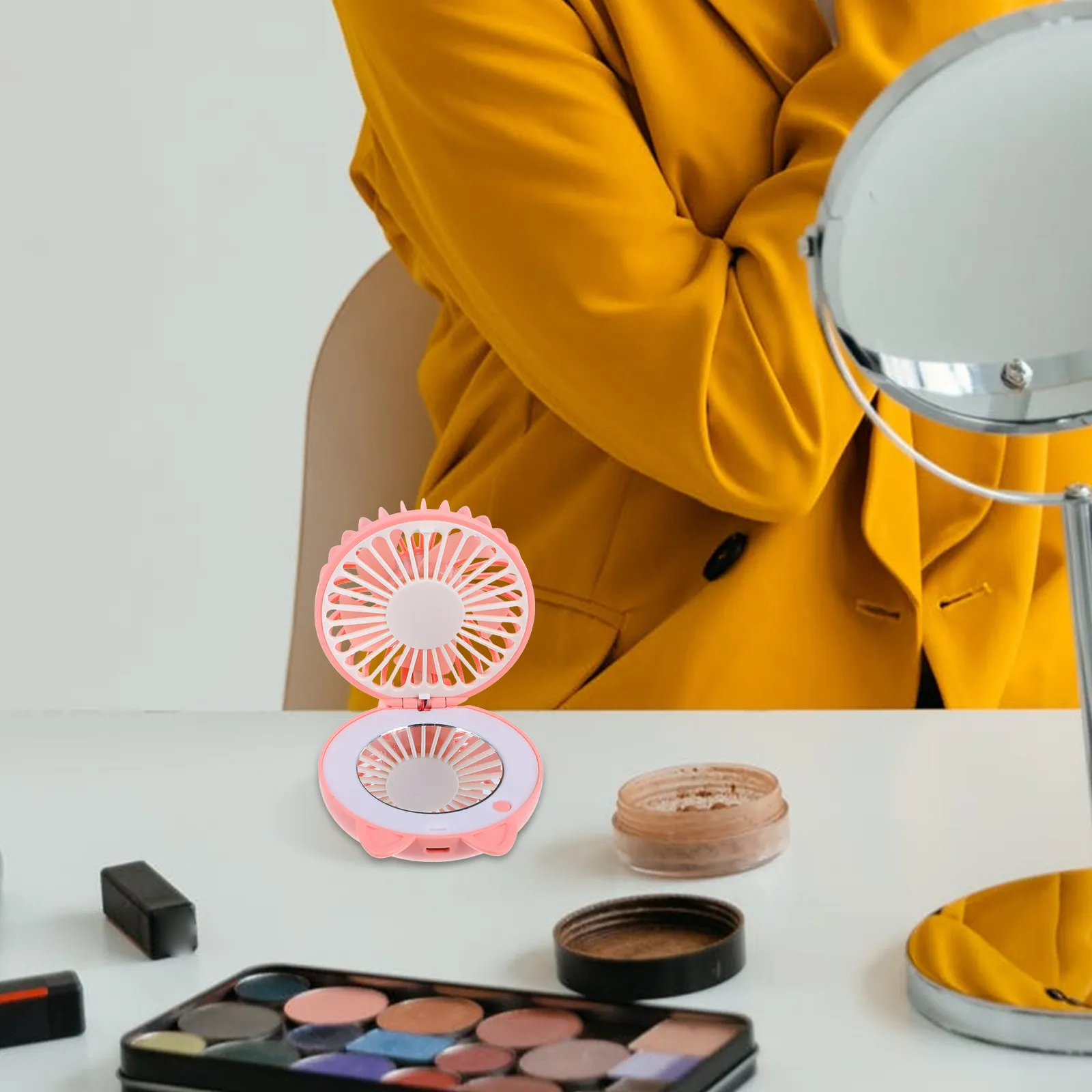 

Multipurpose Mini Fan Makeup Mirror Fill Light USB Rechargeable Pocket Handheld Fan Portable Desktop Fan for Home Office (Pink)