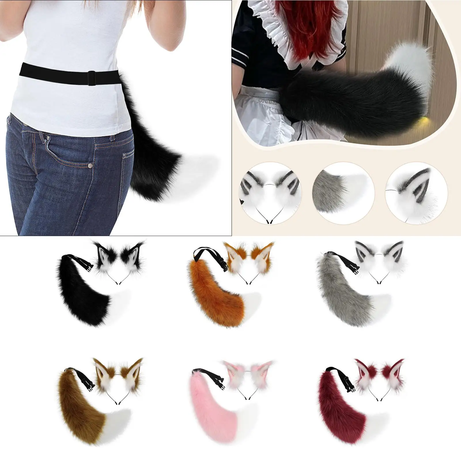 

Набор для косплея: повязка на голову с ушками животного и хвост, костюм для Хэллоуина, милый хвост животного для тематических вечеринок и аниме-шоу