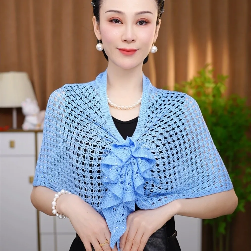 Sparkly Design Hollow Out Cardigan Front Buckle Design Short Sleeve Ice Silk Wrap Floral Pattern Cotton Material Triangle Shawl view 5