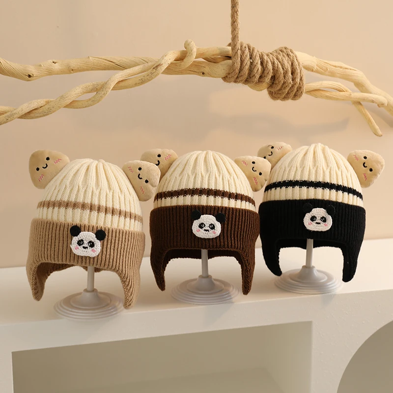 

2024 Kawaii Panda Knitted Hats Winter Baby Warm Earflap Hat Infant Boys Girls Cartoon Cute Soft Cap Toddler Crochet Kids Beanie