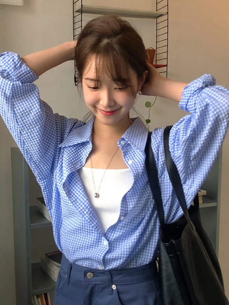 エレガントな長袖レディースシャツルーズバブルテクスチャチェック柄ファッショナブルなユニークトップ日焼け止め韓国スタイル通勤風