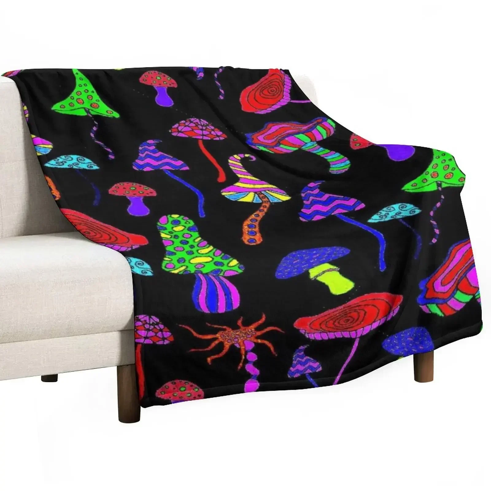 MAGIC MUSHROOMS : Abstract Psychedlic Whimsical Print Throw Blanket manga Camping Blankets