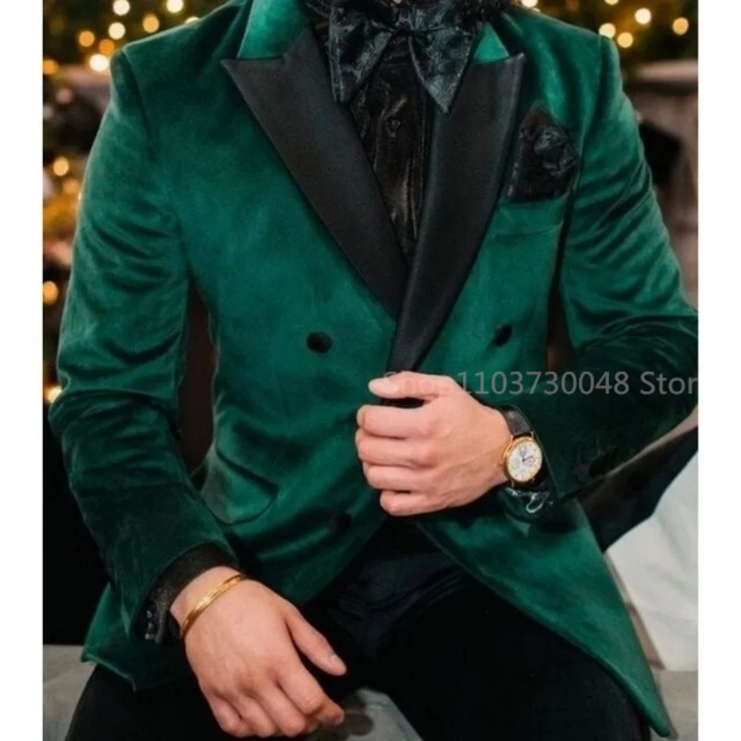 Green Velvet Double Breasted Blazer for Men Dinner Party Italian Style Smoking Prom Jacket Elegant Jacket for Wedding Party