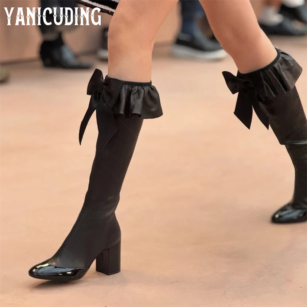 

Satin Bow Knee High Boots Designer Style Black Round Toe Chunky Boots Patent Matte Leather Stitching Handmade Boots for Women