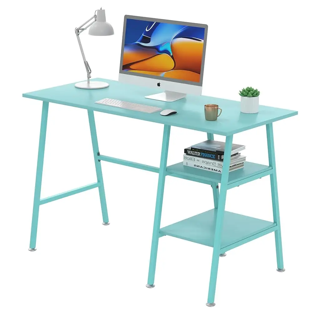 

43 H Computer Desk Home Office Blue Study Desk Work Office Table With Shelves Wooden Desk For Bedroom