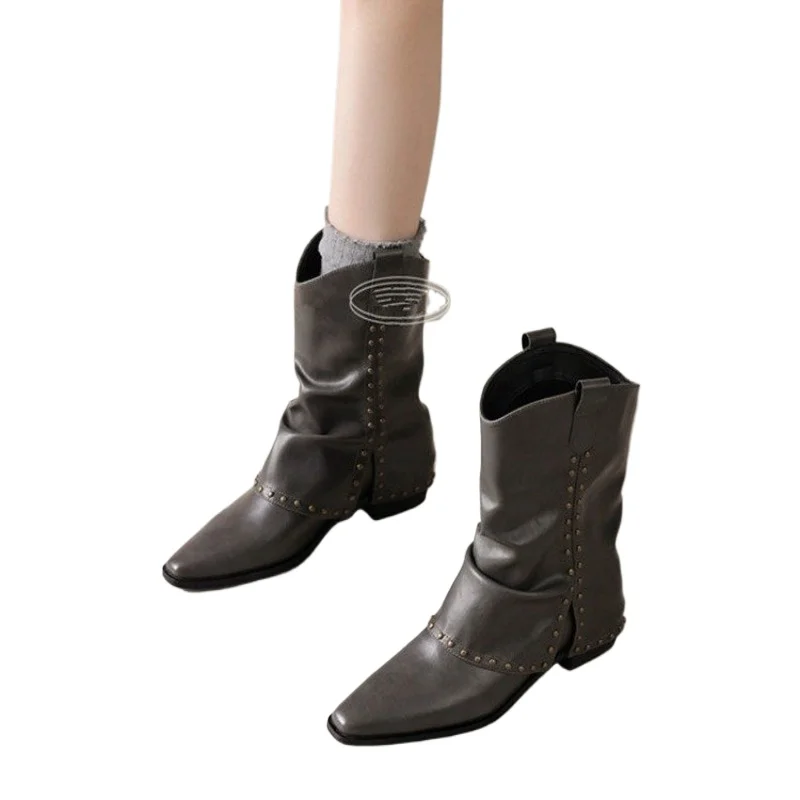 نمط جديد فاخر المرأة راعية البقر الأحذية موضة الانزلاق على السيدات أنيقة كعب مربع أنبوب طويل الأحذية الأحذية الرجعية Zapatos Mujer #6