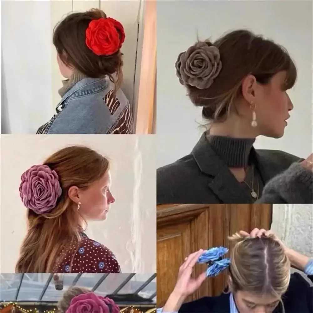 

Three-dimensional Rose Flower Hair Claw Handmade Fabric Flowers Ins Hot Grab Hair Clip Shark Clip Hair Accessories for Women