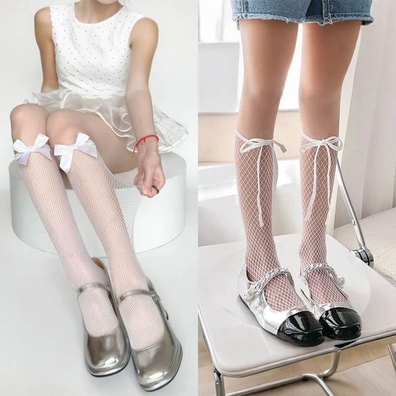 

Однотонные полые кружевные чулки с бантом, женские летние средние чулки JK Lolita, милые носки, черно-белые ажурные чулки для женщин
