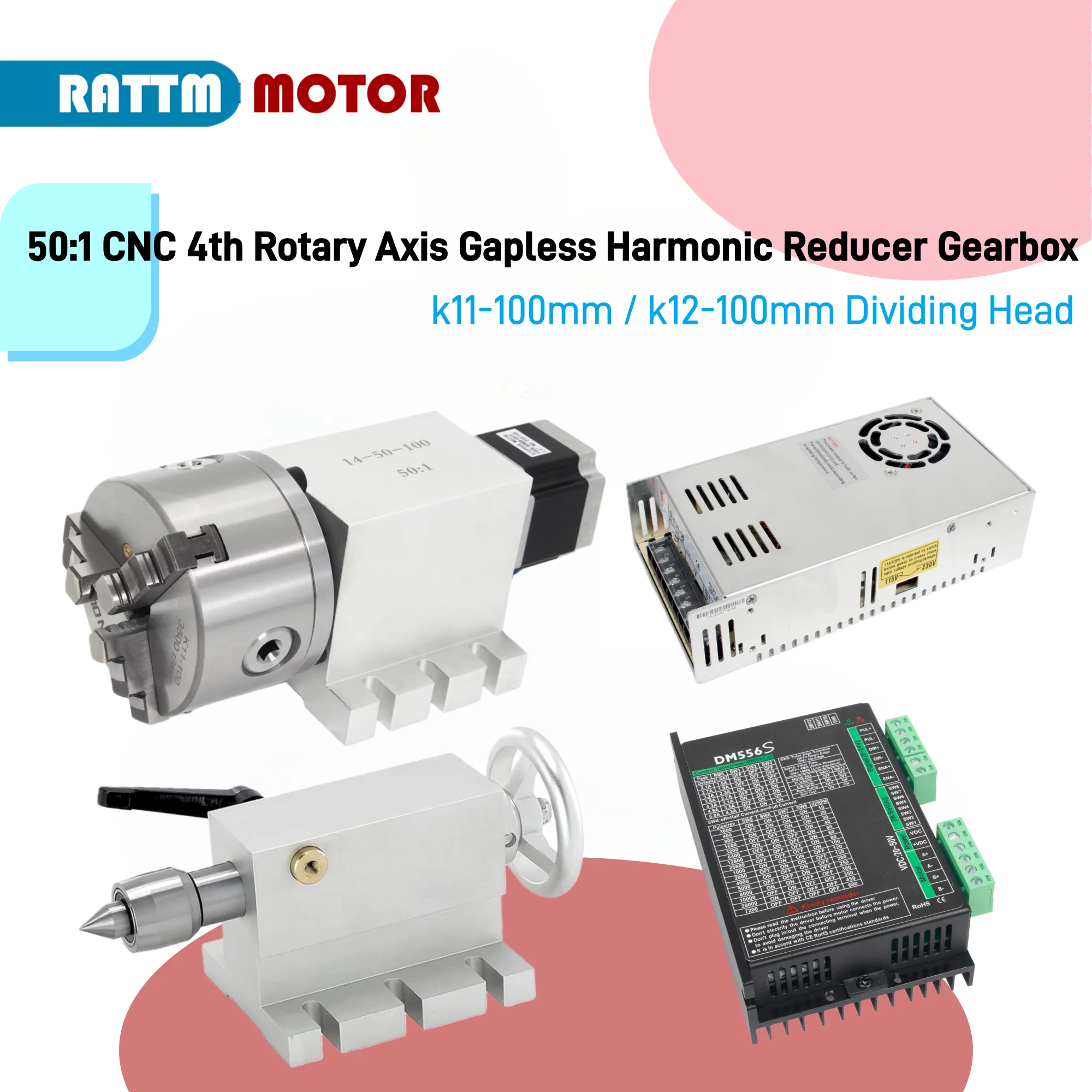 50:1 CNC 4th Axis Rotary Axis Gapless Harmonic Reducer Gearbox k11-100mm / k12-100mm Dividing Head & MT2 Tailstock Power Driver