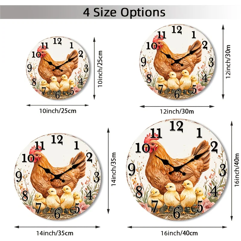 1pc 2D Flat Wall Clock Non-Ticking Wooden, Circular Clock Hen with chicks surrounded by flowers Design for Living Room, Bedroom, Kitchen, Entryway, Office 25.4cm 30.48cm 35.56cm 40.64cm (No Battery), 2D Flat