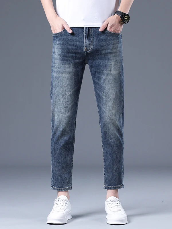 

Ele Retro Blue Printed Slim Fit Jeans Men's Faionable Elastic Spring Summer New Sle Nine-Piece Cotton Stretch Denim