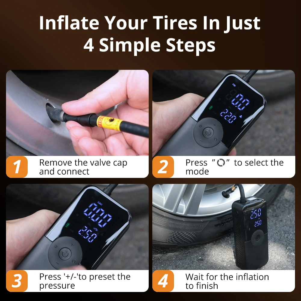 CARSUN 150PSI Wireless Rechargeable Tire Inflator Digital Air Compressor for Car Bike Balls 2024 Red Dot and iF Award Winner