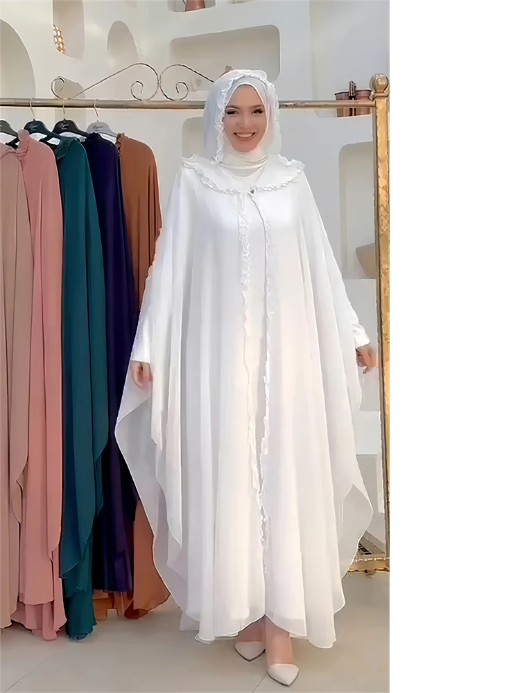 Imagem -02 - Conjunto de Vestido Muçulmano Ramadan Chiffon para Mulheres Khimar Islam Hijab Vestidos Africanos Kebaya Robe Kaftan Feminino Peças