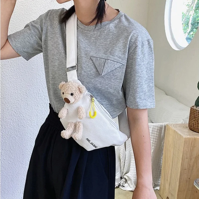 2023 Solid Color Canvas Shoulder Bags Cute Bear Waist Belt Bags for Women Designer Crossbody Bag Fanny Pack Coin Money Key Pouch