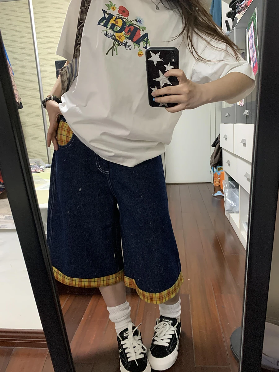 ReddaChic タータンチェックレトロパッチワーク女性ジーンズショーツ韓国チェッカー裾ローライズワイドレッグバミューダパンツ夏 Jorts ストリート