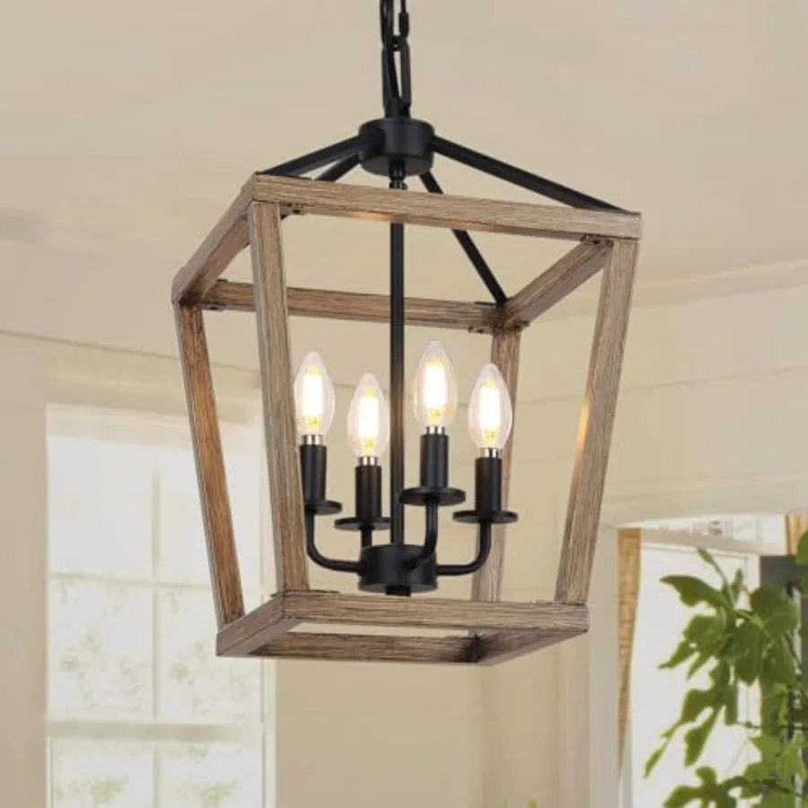 

Farmhouse chandelier for entryway/kitchen: painted metal cage with wood finish, adjustable chain, E12 base, geometric rustic ha