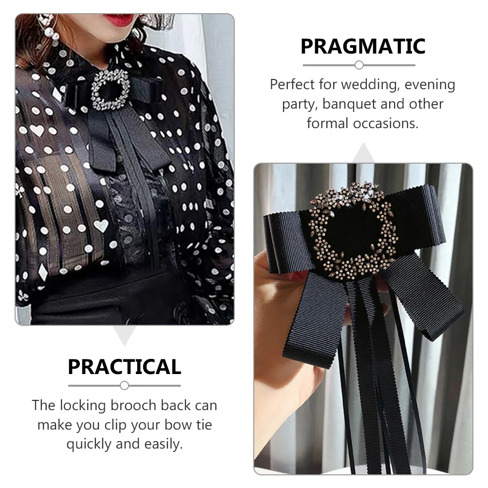 

Bow Tie Decoration Neck for Women Pre-tied Ribbon Brooch Crystal Black Bowknot Jewelry Retro Women's