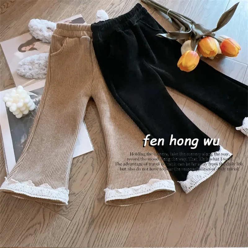 Girls' Pants2024New Fashion Winter Baby Single-Layer Fleece-Lined Trousers Thickened All-Matching Children Bell-Bottom Pants Cor