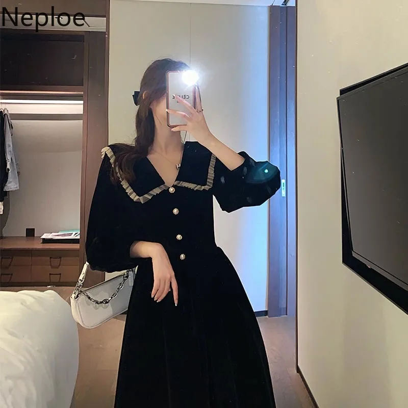 Woman Party Dresses Korean Vintage Velvet Black Dress Long Sleeve Robe Elegant Clothes Japanese Peter Pan Collar Vestidos Mujer