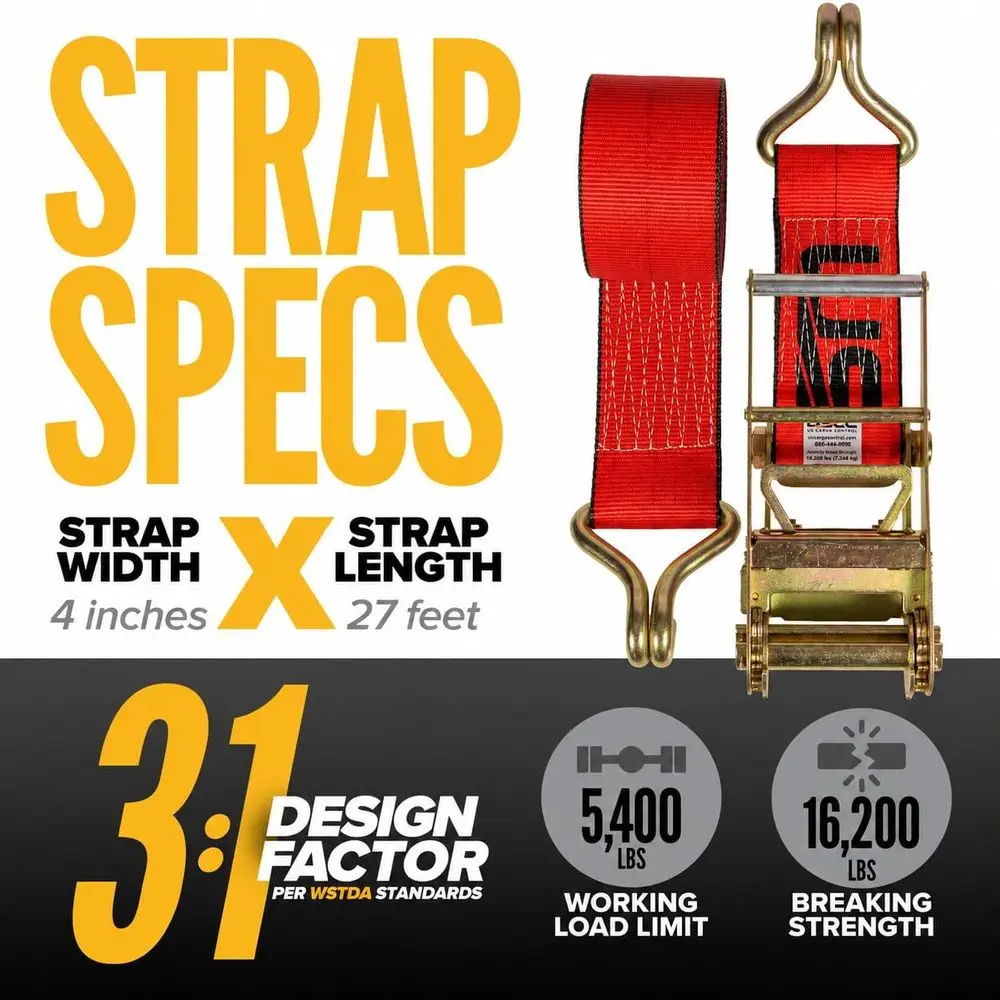4-Pack 4 x 27' Ratchet Straps, 5,400 lbs WLL, Red with Double J Hooks for Trailers