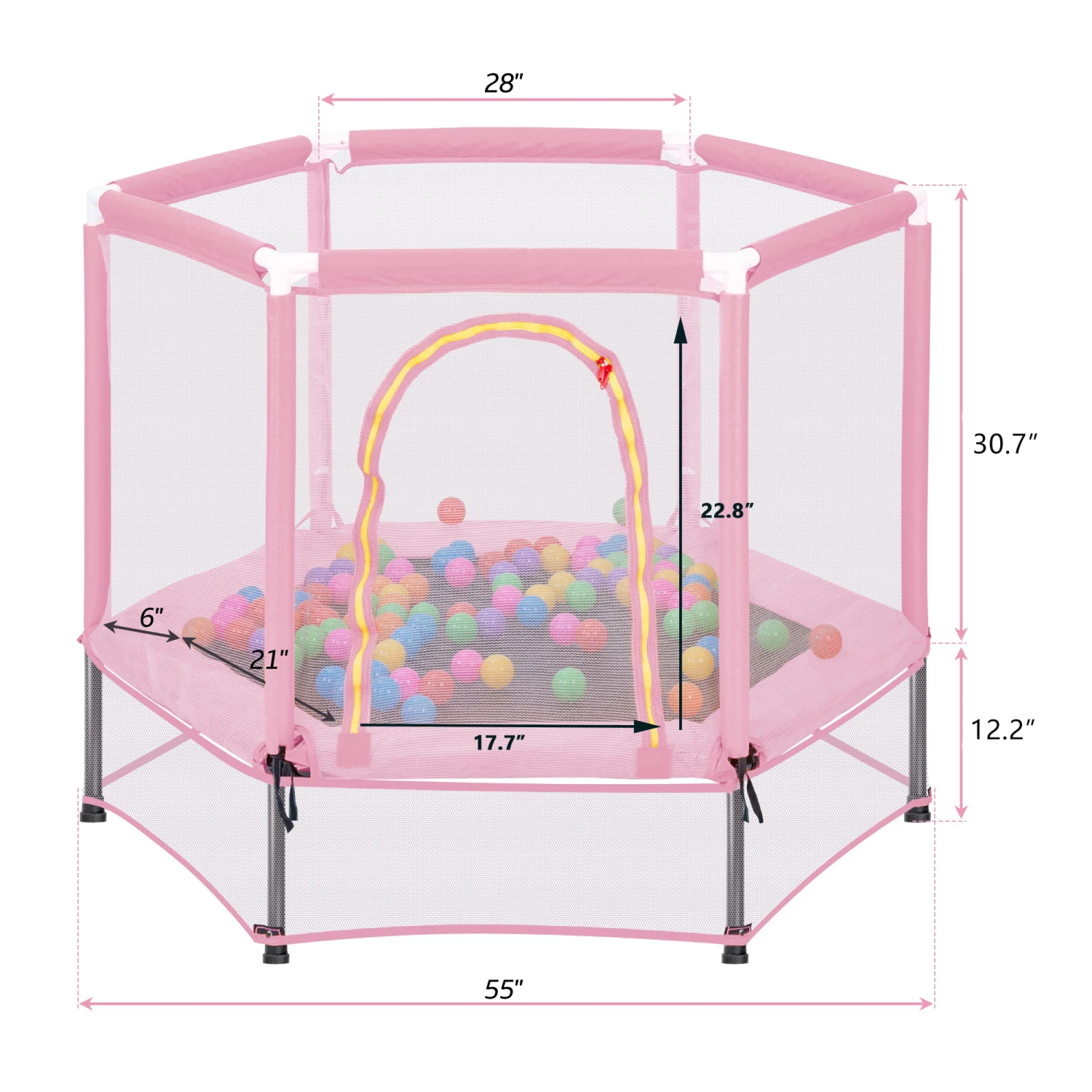 55'' peuterstrampoline met veiligheidsnet en ballen, mini-trampoline voor binnen en buiten voor kinderen