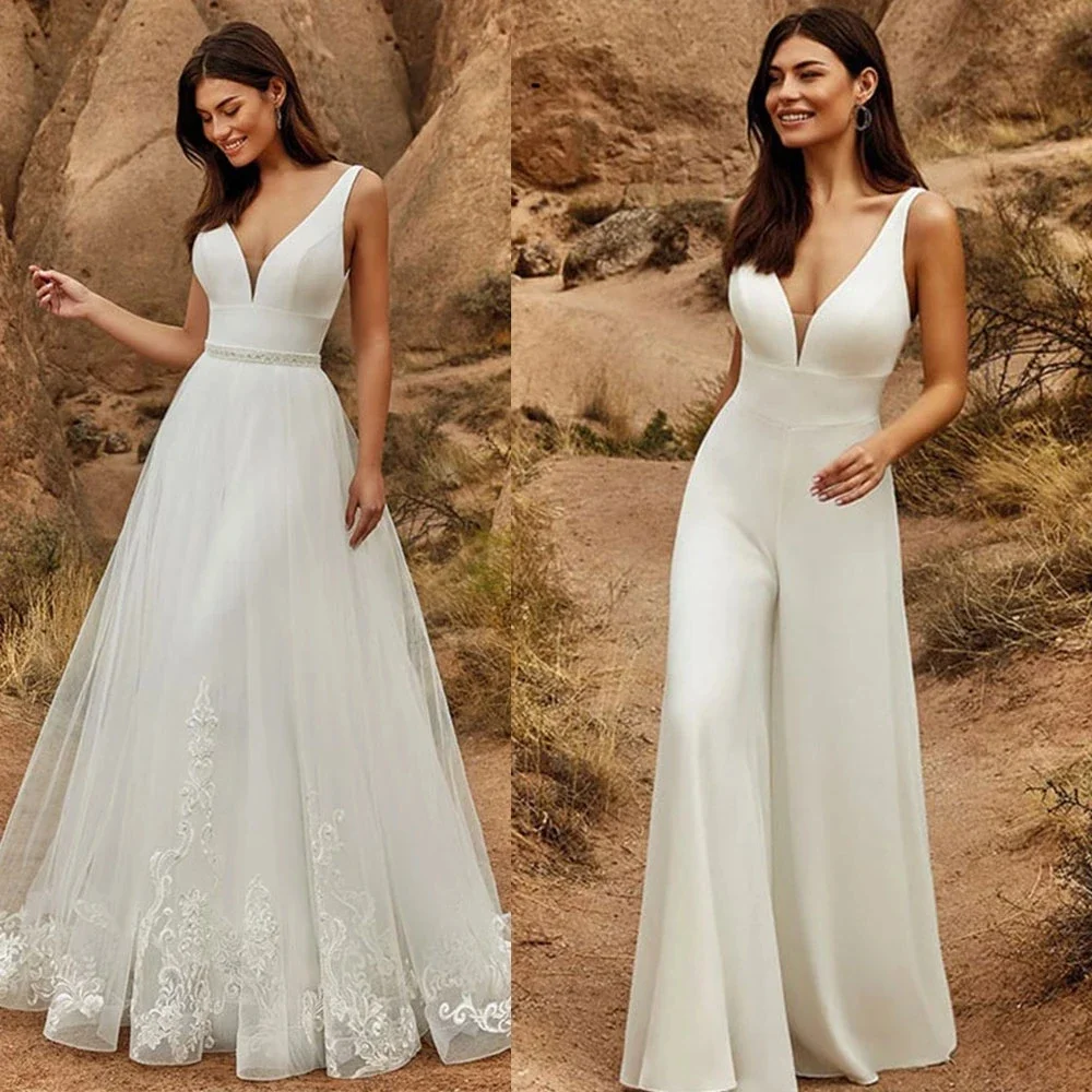 2 In 1 Wedding Jumpsuit With Detachable Skirt Two Pieces Bridal Dresses Pants Suit For Women Lace Tulle V-Neck Sweep Train Gowns