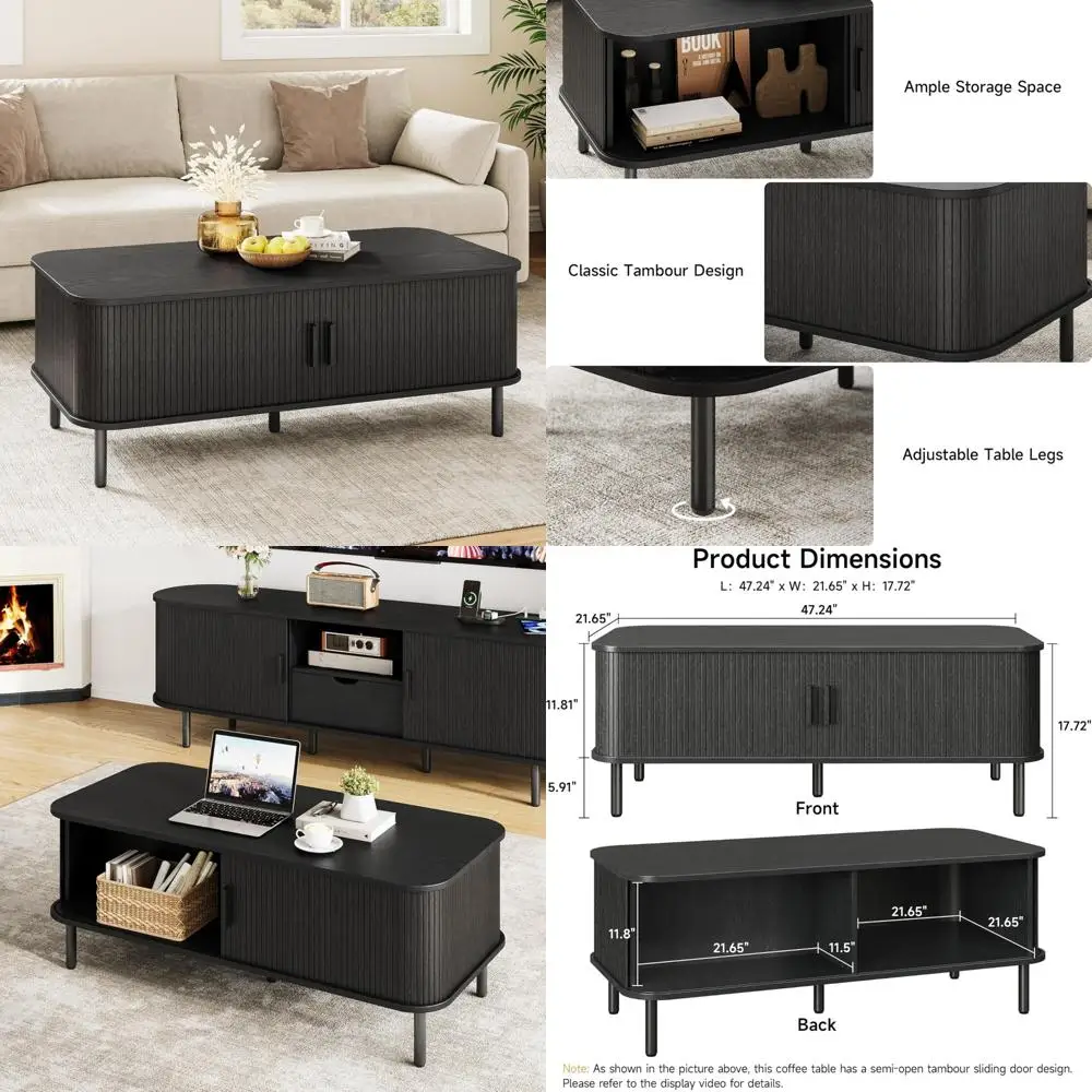 

Mid Century Modern Rectangular Coffee Table with Storage, Living Room Furniture, Sliding Tambo Feature