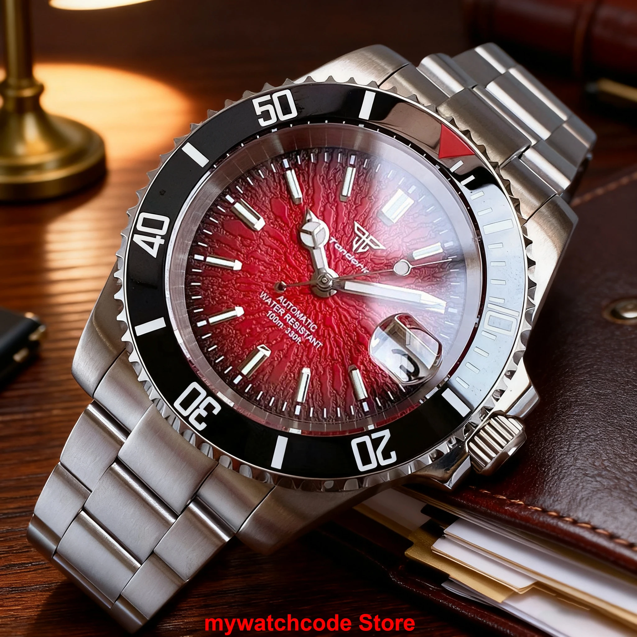 

NEW 40mm Mechanical Watch for Men Red Teacup Pattern Face NH35A Movement 100m Waterproof Steel Bracelet 120 clicks Bezel