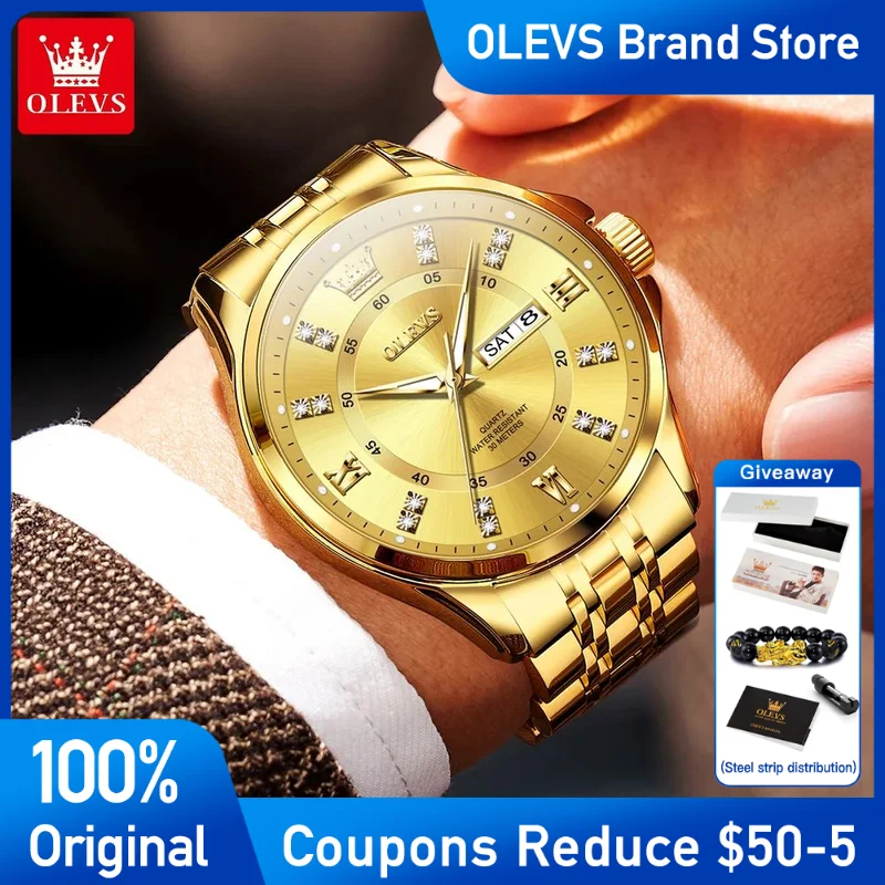 

OLEVS 3620 Mens Watch luxury Golden Stainless steel Men's quartz wristwatch Double calendar Waterproof Luminous Brand Mens Reloj